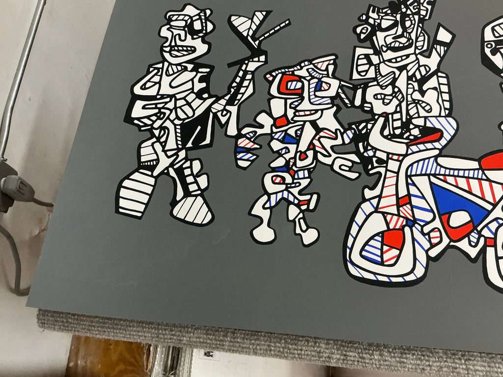 Large original abstract serigraph by Jean Dubuffet titled Le Libre Echange 1974, showcasing bold textures and vibrant colors.