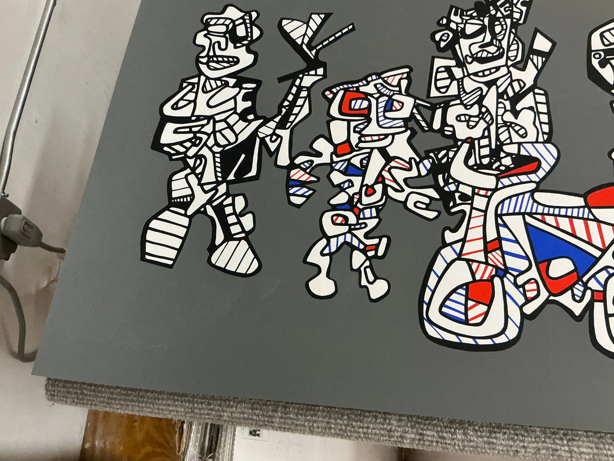 Large original abstract serigraph by Jean Dubuffet titled Le Libre Echange 1974, showcasing bold textures and vibrant colors.