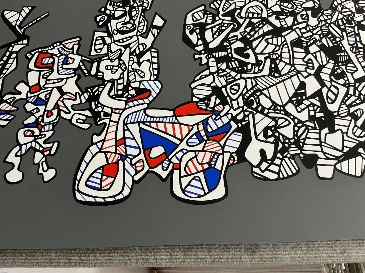 Large original abstract serigraph by Jean Dubuffet titled Le Libre Echange, created in 1974 with bold, textured artwork.