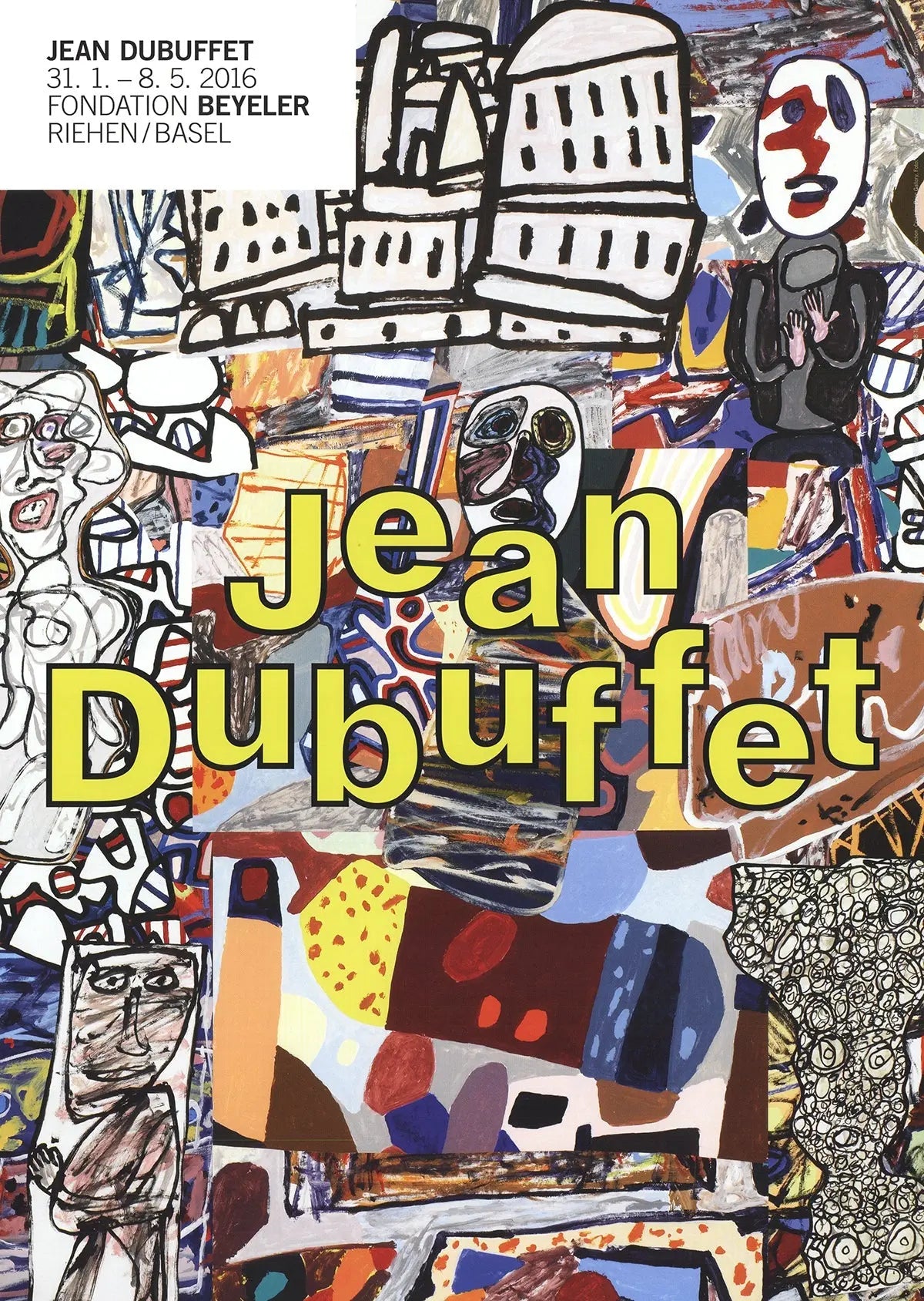 Offset lithograph poster of Jean Dubuffet's Mele Moments 2016 exhibition, featuring abstract artwork and vibrant colors.