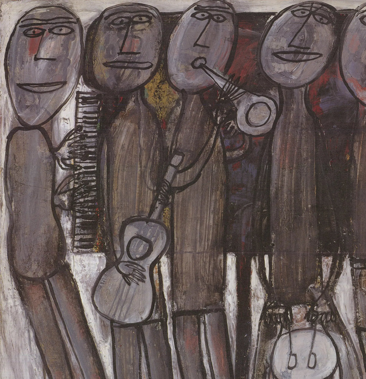 Offset lithograph poster art of Jean Dubuffet's New Orleans Jazz Band 1990, showcasing vibrant jazz band imagery.