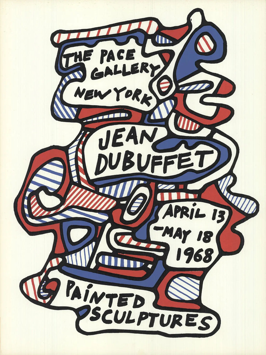 Original Jean Dubuffet 1968 lithograph poster featuring painted sculptures from his art exhibition, showcasing vivid abstract imagery.