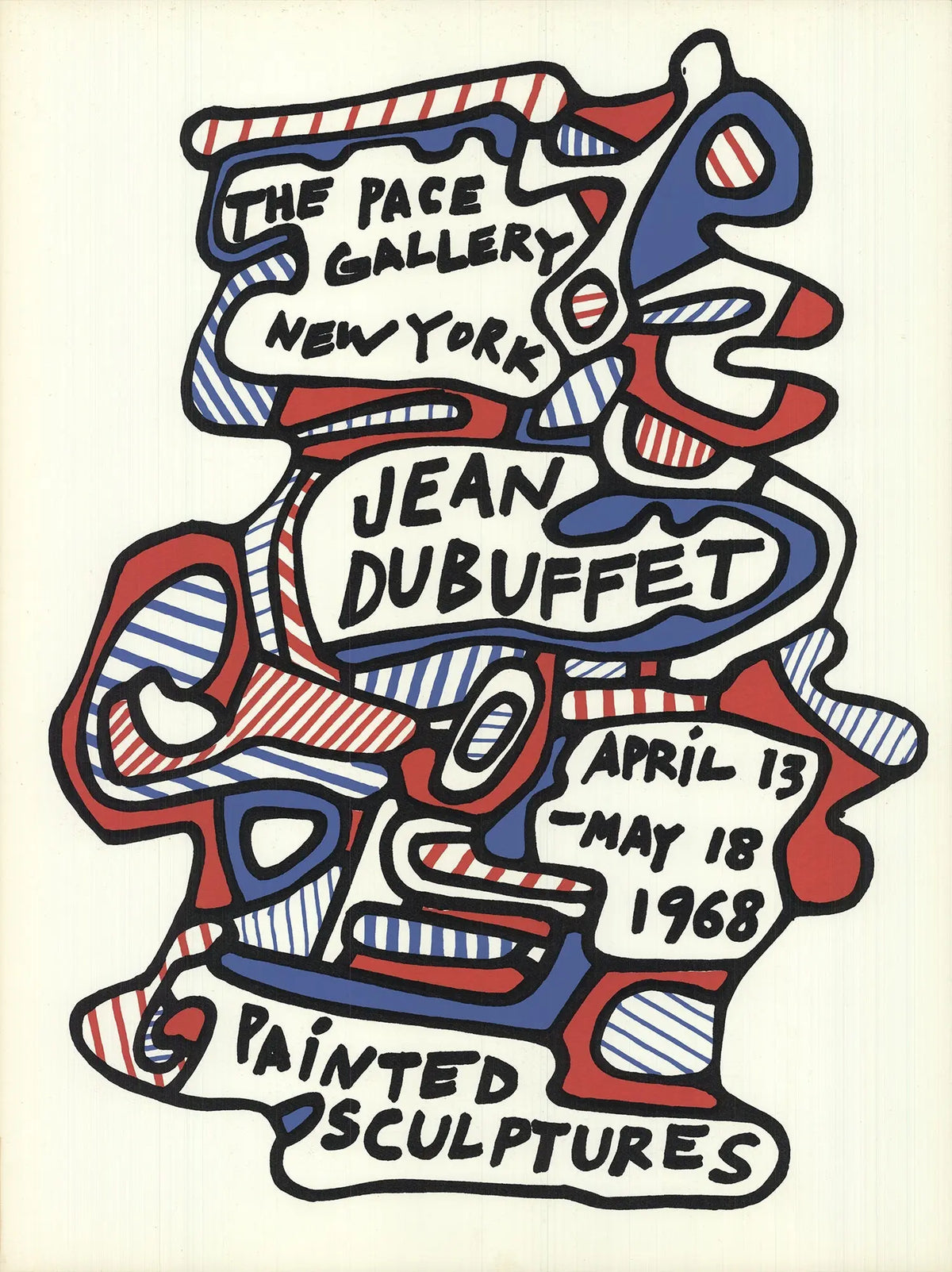 Original Jean Dubuffet 1968 lithograph poster featuring painted sculptures from his art exhibition, showcasing vivid abstract imagery.