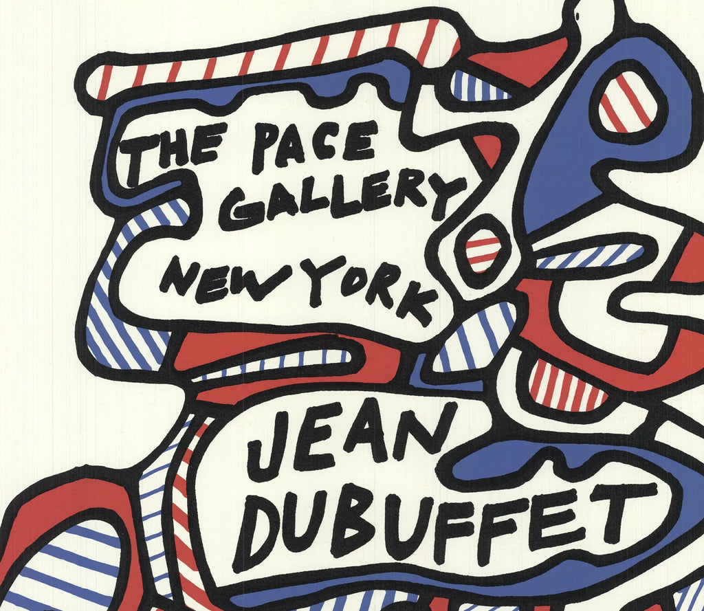 Original lithograph poster of Jean Dubuffet's 1968 Painted Sculptures exhibition, featuring abstract, colorful artwork by the artist.