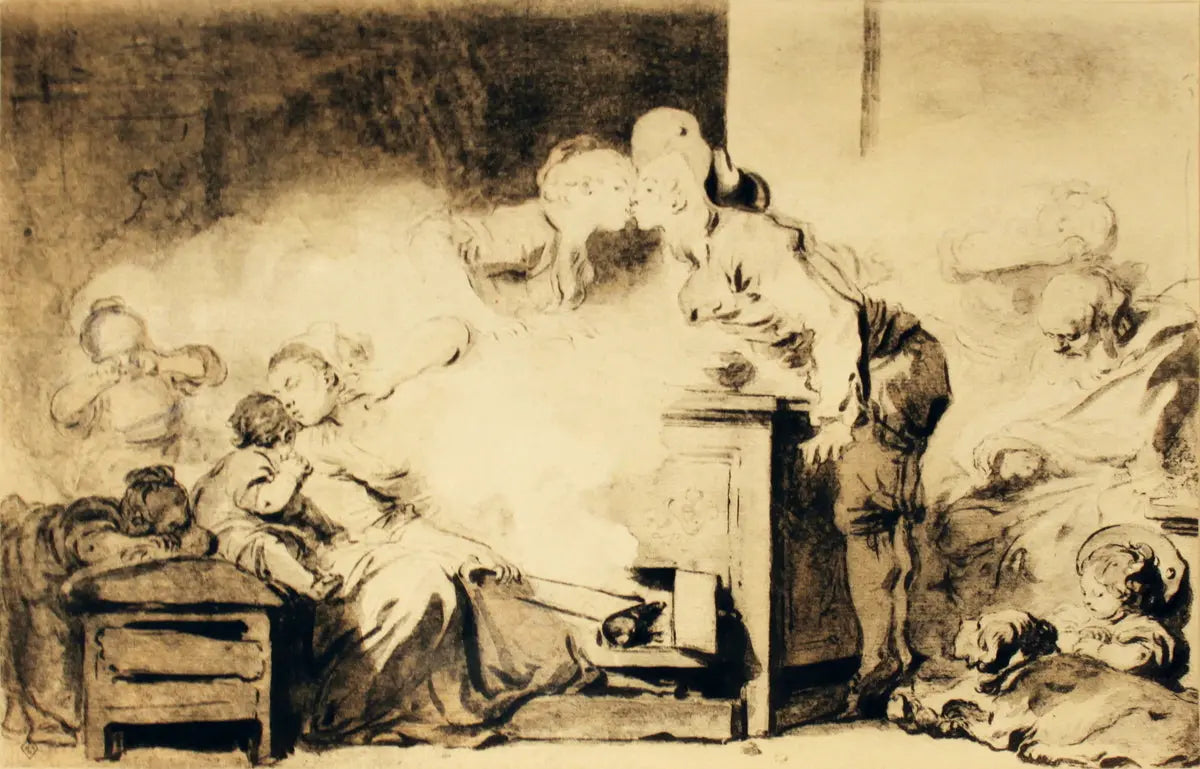 Limited edition Jean-Honore Fragonard L'Occasion offset lithograph print from 1930 showcasing detailed classical art.