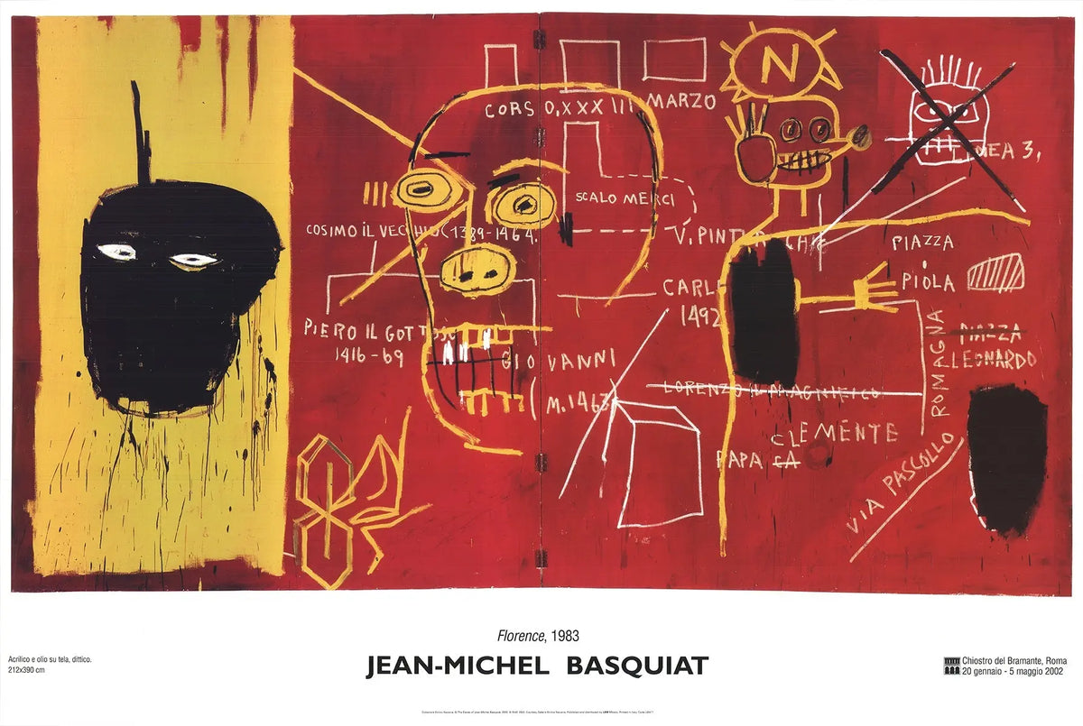 Limited edition Jean-Michel Basquiat Florence 2002 offset lithograph poster featuring vibrant abstract artwork and bold signature details.