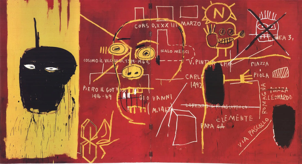 Limited edition Jean-Michel Basquiat Florence 2002 offset lithograph poster featuring bold, abstract artwork on paper.