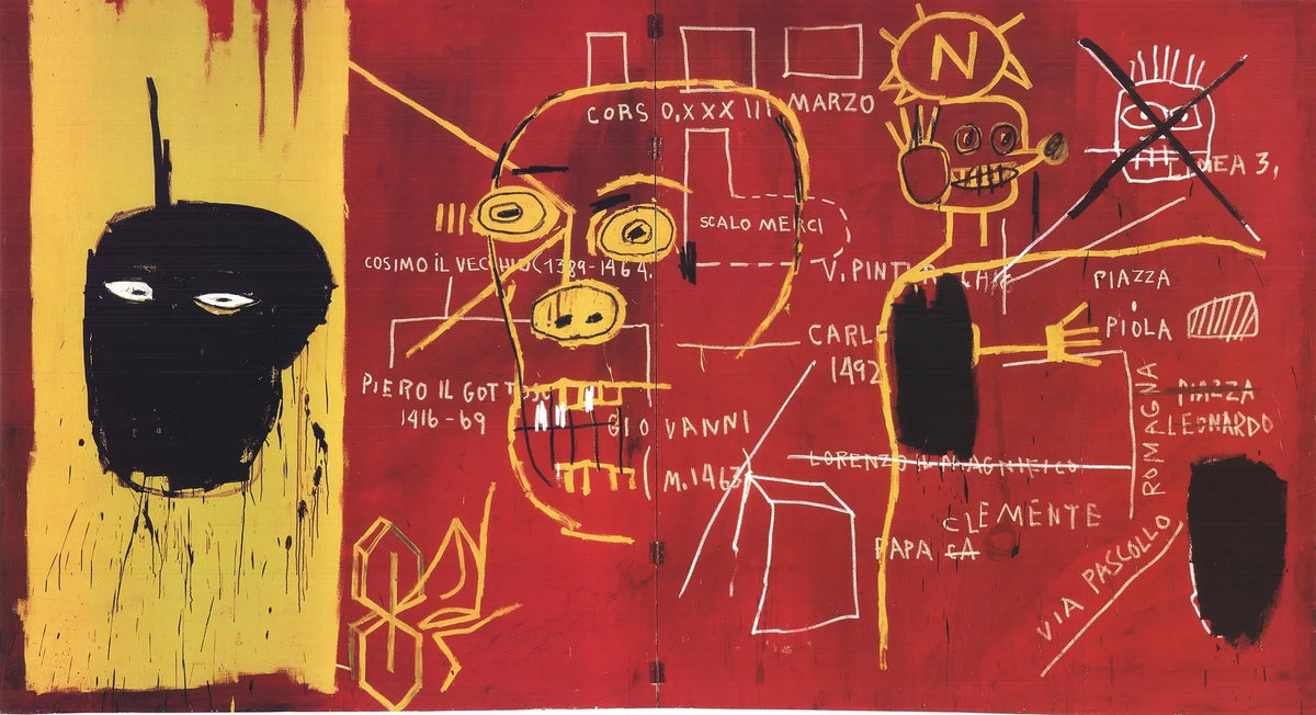 Limited edition Jean-Michel Basquiat Florence 2002 offset lithograph poster, featuring abstract art and vibrant colors.