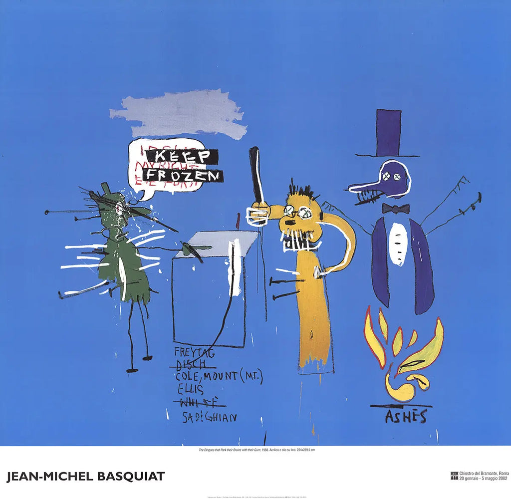 Jean-Michel Basquiat lithograph poster featuring "The Dingoes That Park Their Brain" with bold, abstract artwork and vibrant colors.