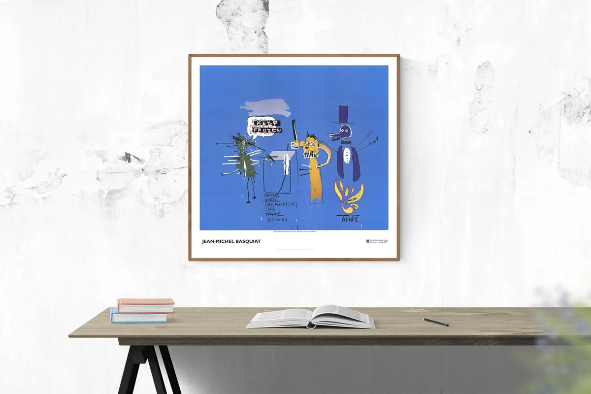 Jean-Michel Basquiat lithograph poster titled "The Dingoes That Park Their Brain" featuring abstract artwork and bold colors.