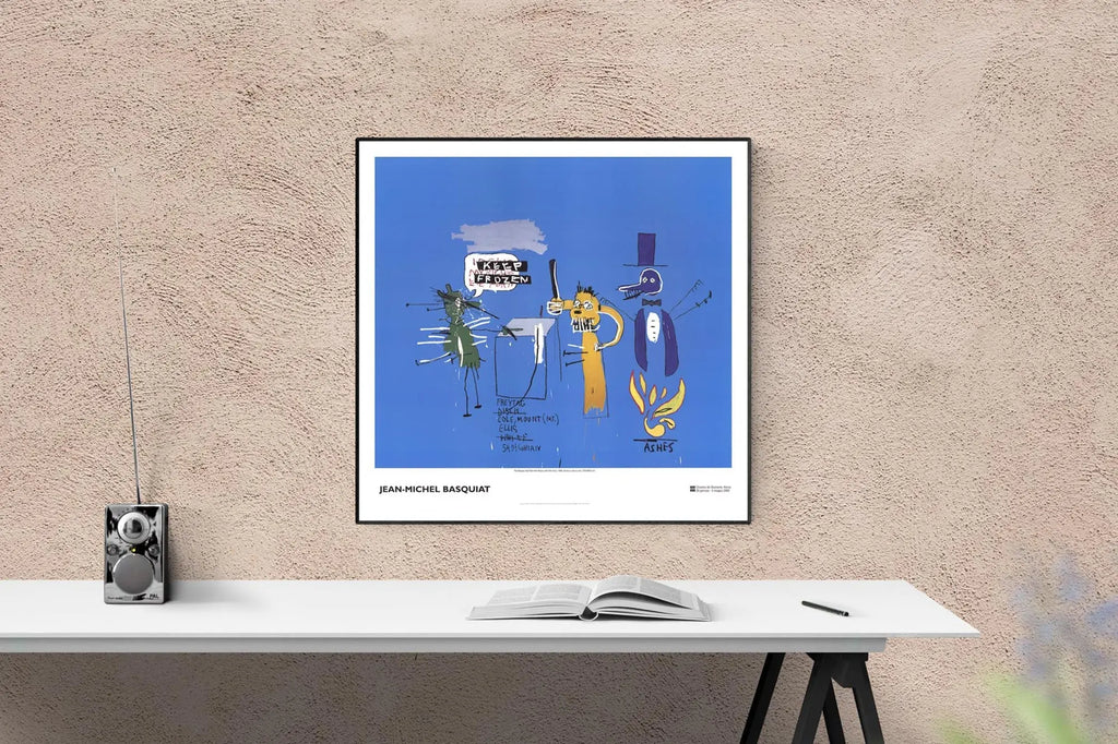 Jean-Michel Basquiat lithograph poster titled "The Dingoes That Park Their Brain" featuring vibrant abstract artwork.