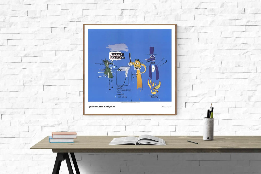 Jean-Michel Basquiat lithograph poster titled "The Dingoes That Park Their Brain" featuring vibrant abstract artwork.