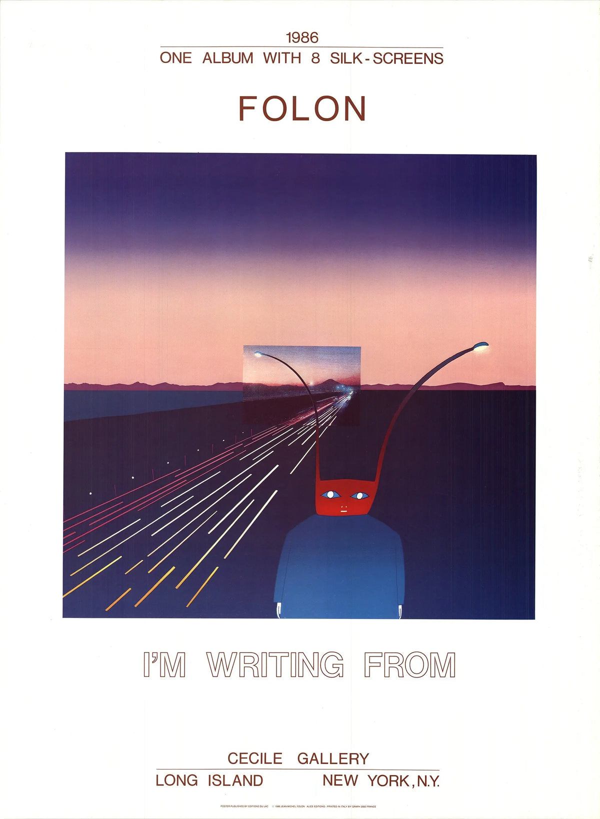 Vintage Jean-Michel Folon 1986 exhibition poster featuring artwork titled "I'm Writing From," showcasing signature style and design.