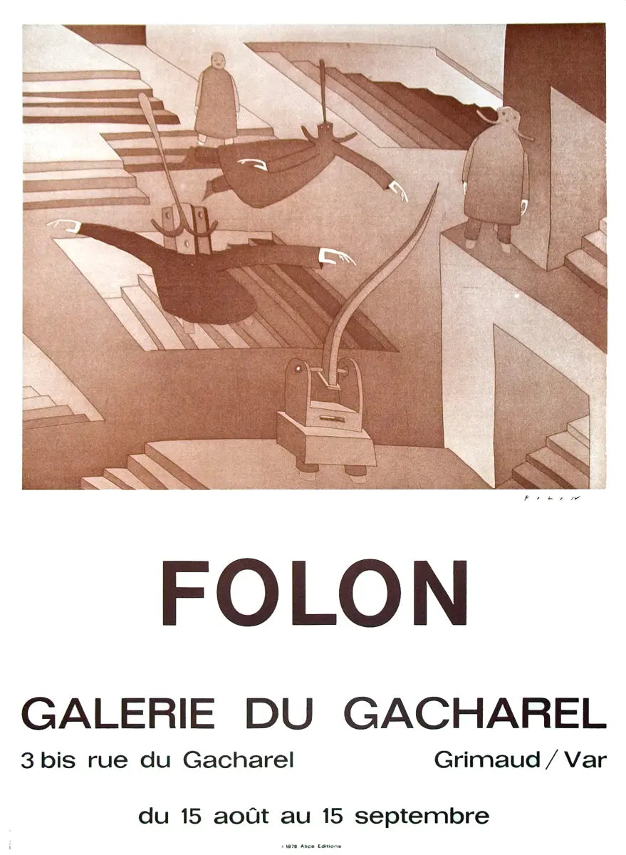 Original Jean-Michel Folon lithograph poster from 1972 exhibition at Galerie Du Cacharel, featuring artistic design and vibrant colors.