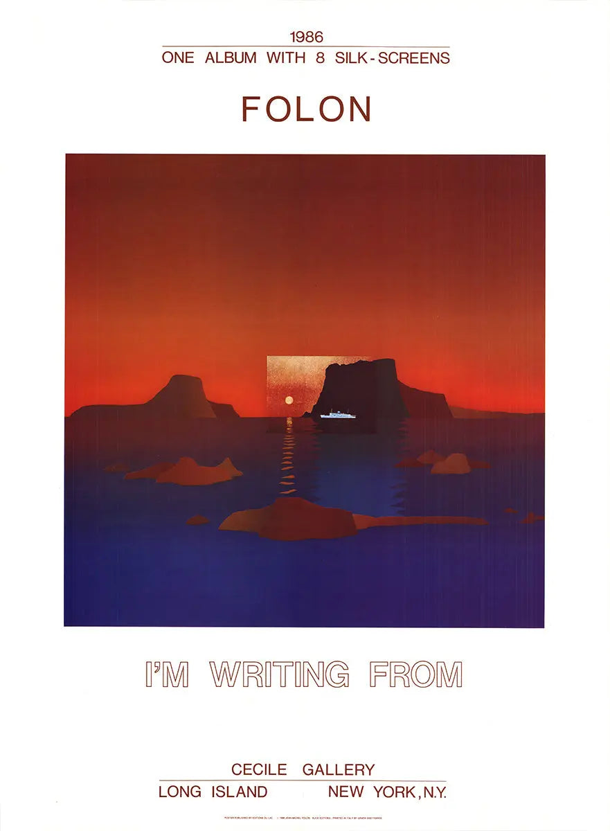 Original Jean-Michel Folon 1986 art poster titled "I'm Writing From" featuring abstract illustrations and vibrant colors.