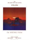 Original Jean-Michel Folon 1986 art poster titled "I'm Writing From" featuring abstract illustrations and vibrant colors.