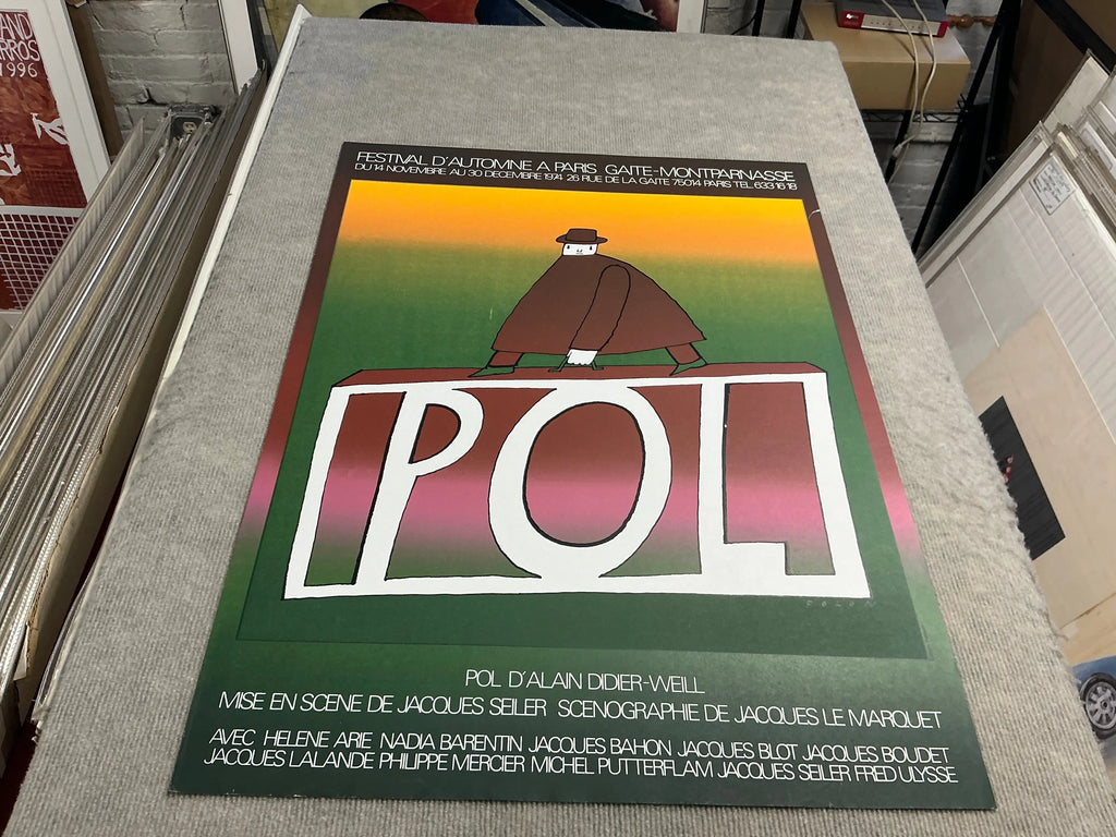 Original Jean-Michel Folon surrealist serigraph art poster print, POL 1974, featuring abstract design and vivid colors