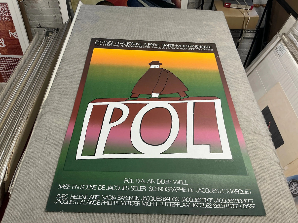 Original Jean-Michel Folon surrealist serigraph art poster print, POL 1974, featuring abstract design and vivid colors