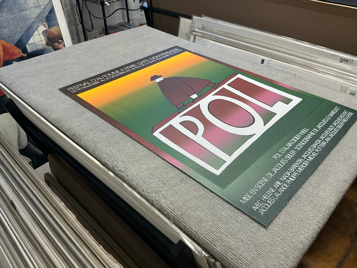 Original Jean-Michel Folon POL 1974 surrealist serigraph art poster print featuring abstract imagery and bold colors.