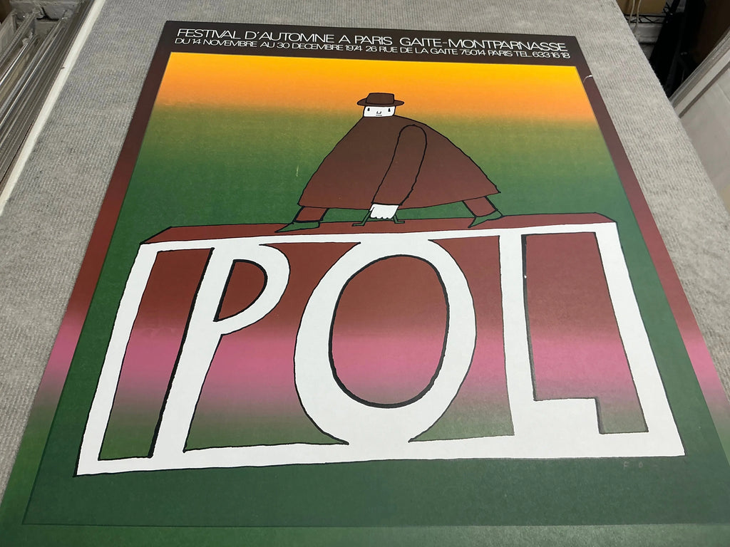 Original Jean-Michel Folon POL 1974 surrealist serigraph art poster print featuring abstract and imaginative design by the artist.