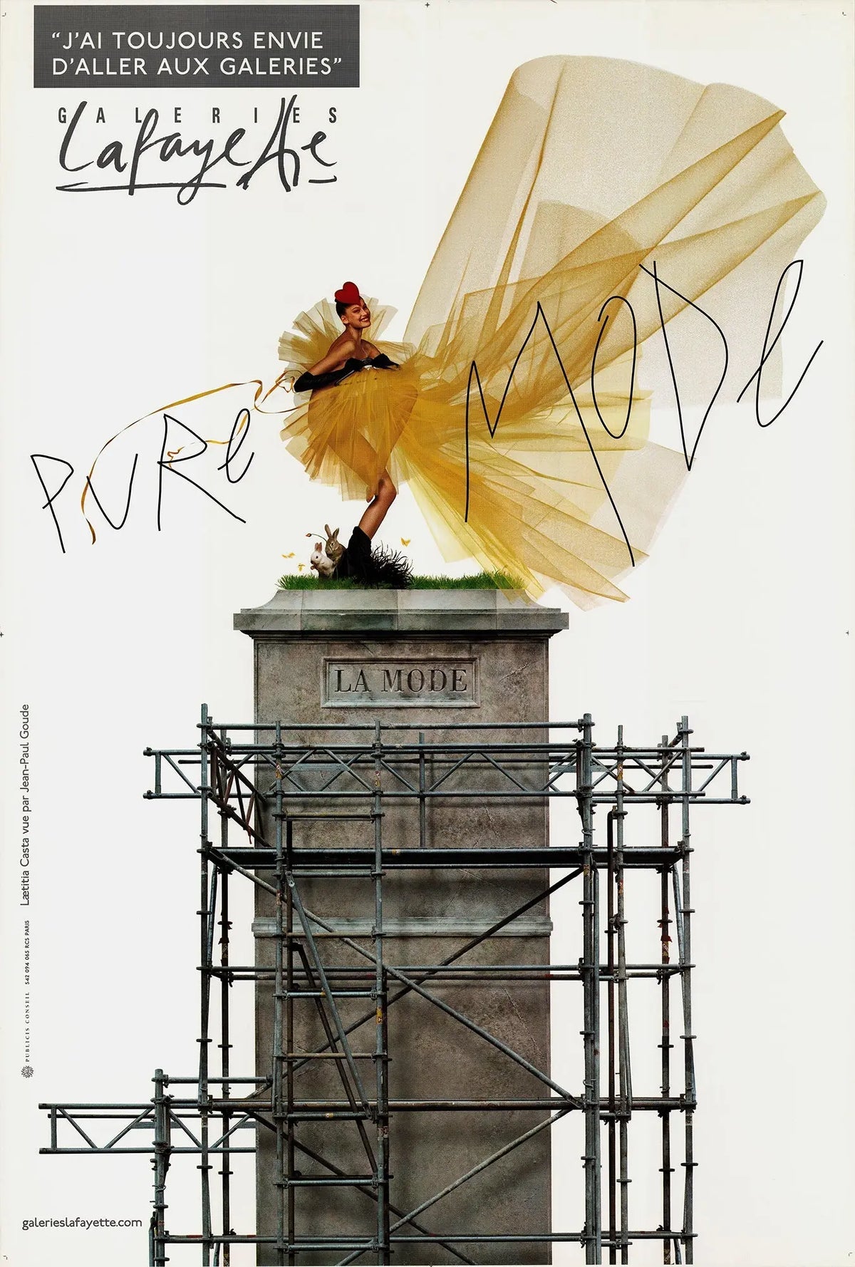 Jean-Paul Goude lithograph exhibition poster from Galeries Lafayette Pure Mode 2001, showcasing vibrant artwork and bold design.