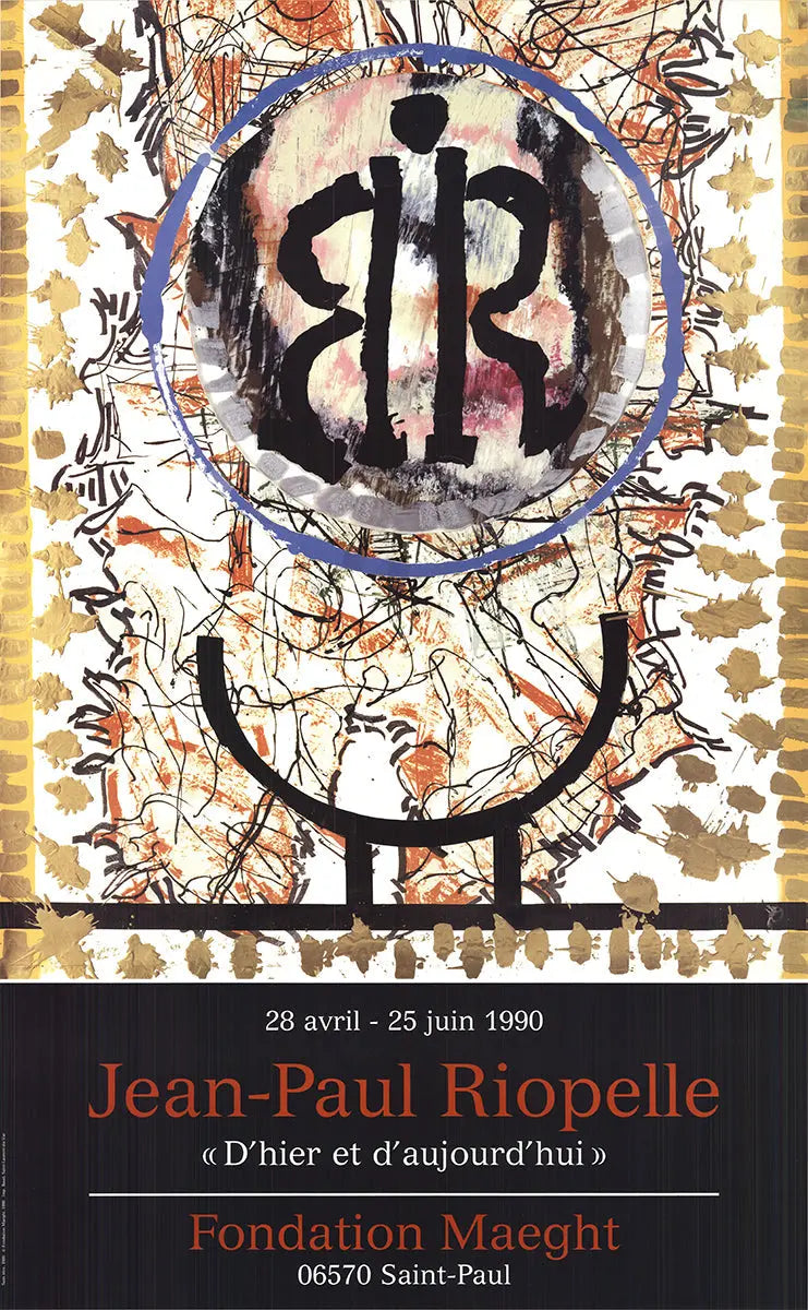 Jean-Paul Riopelle Yesterday and Today 1990 Galerie Maeght exhibition poster featuring abstract artwork and bold colors.