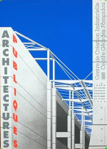 Original 1990 Jean Widmer Architecture Publiques serigraph exhibition poster featuring architectural artwork by Jean Widmer.