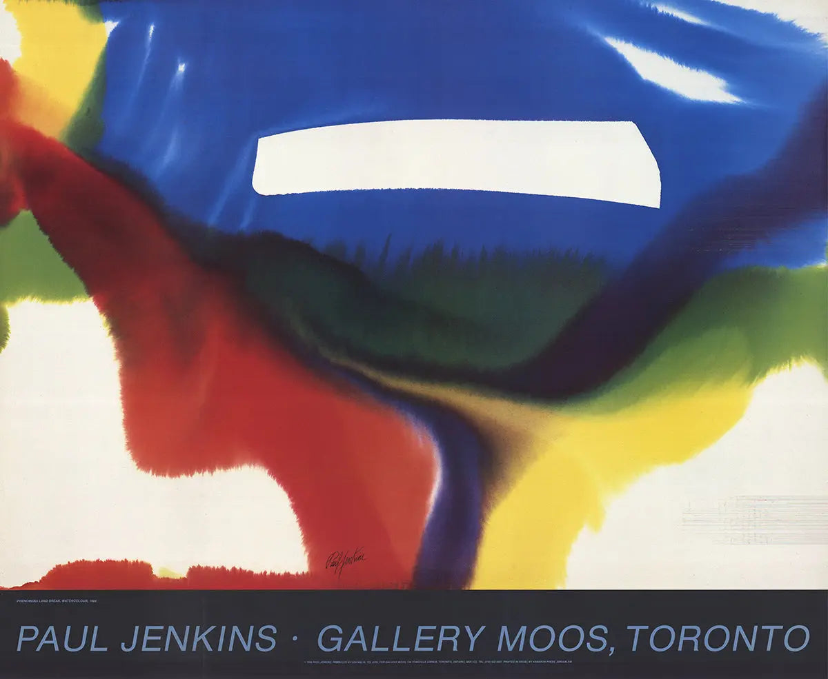 Abstract expressionist lithograph art poster by Paul Jenkins, titled Phenomena 1985, featuring vibrant colors and bold brushstrokes.