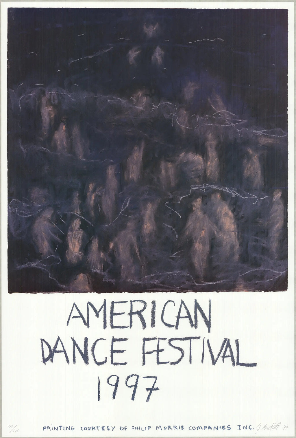 Signed Jennifer Bartlett American Dance Festival 1997 limited lithograph poster featuring vibrant artwork and unique design elements.