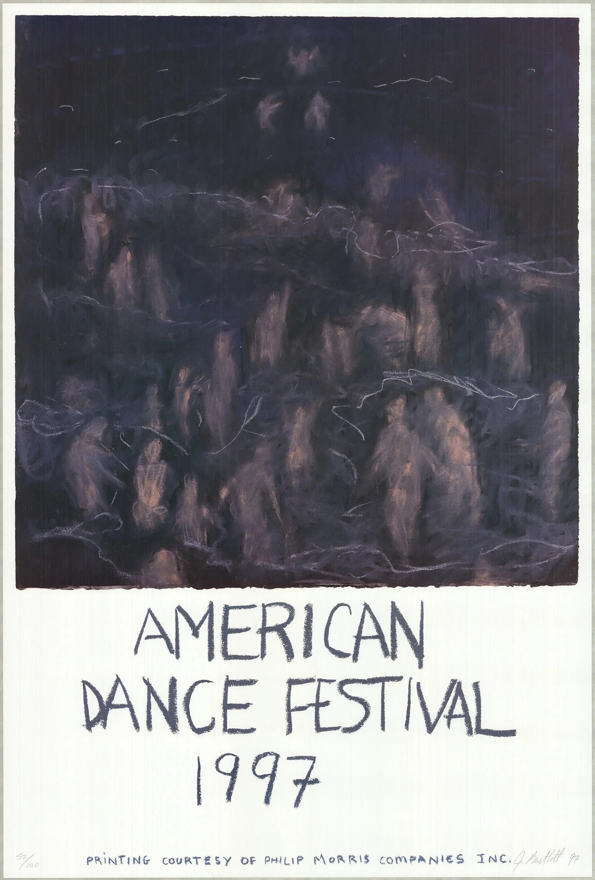 Signed Jennifer Bartlett American Dance Festival 1997 limited lithograph poster featuring vibrant artwork and unique design elements.