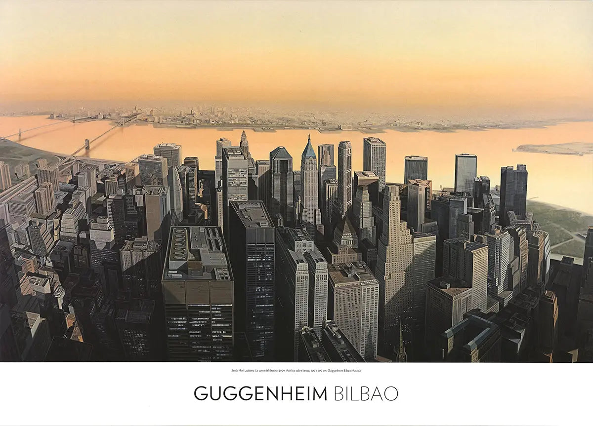 Jesus Mari Lazkano The Curve of Destiny Manhattan Skyline art poster showcasing a vibrant cityscape with abstract artistic elements.
