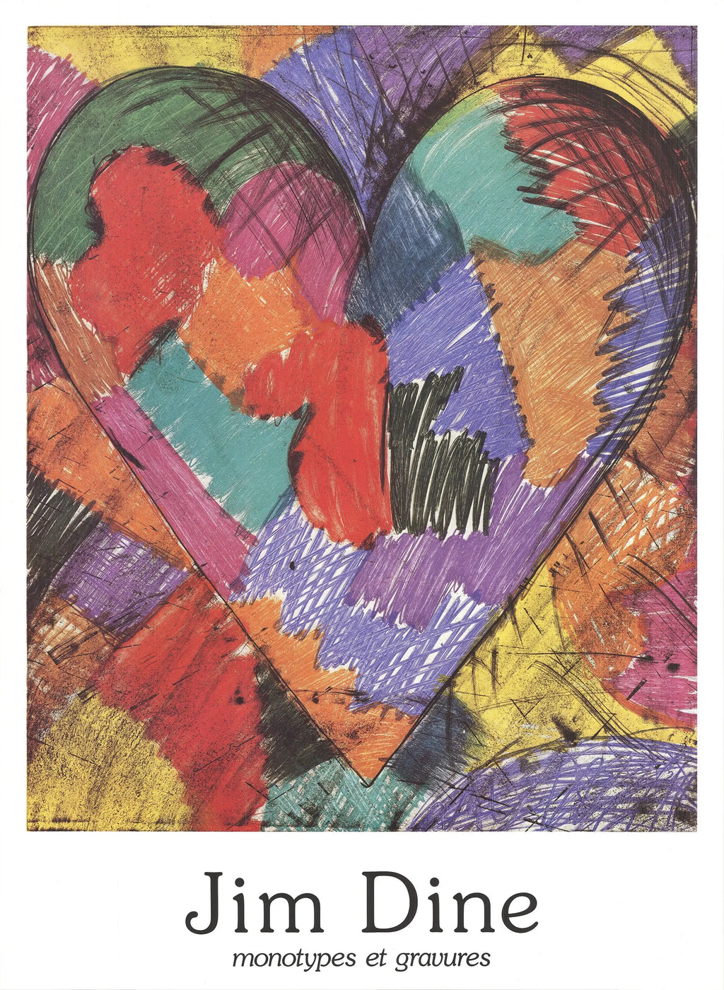 Jim Dine 1984 heart motif offset lithograph poster featuring monotypes and engravings, showcasing bold abstract artwork.