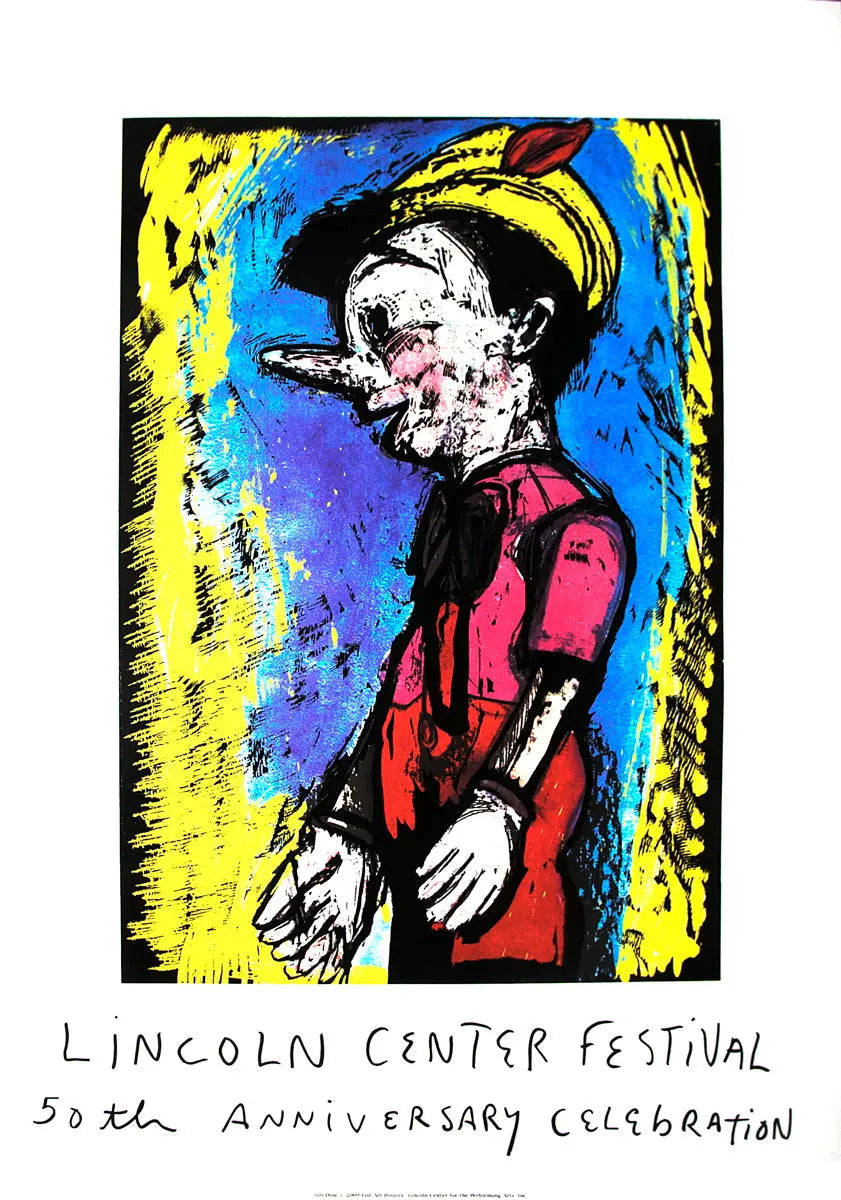 Jim Dine Pinocchio 2008 Lincoln Center mixed media art poster featuring Pinocchio illustration and vibrant design elements.
