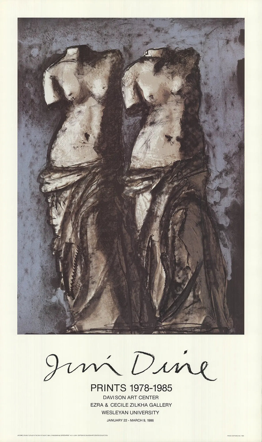 Jim Dine Venus de Milo at Memphis State 1985 exhibition poster, featuring artwork by Jim Dine in a detailed, vintage style.