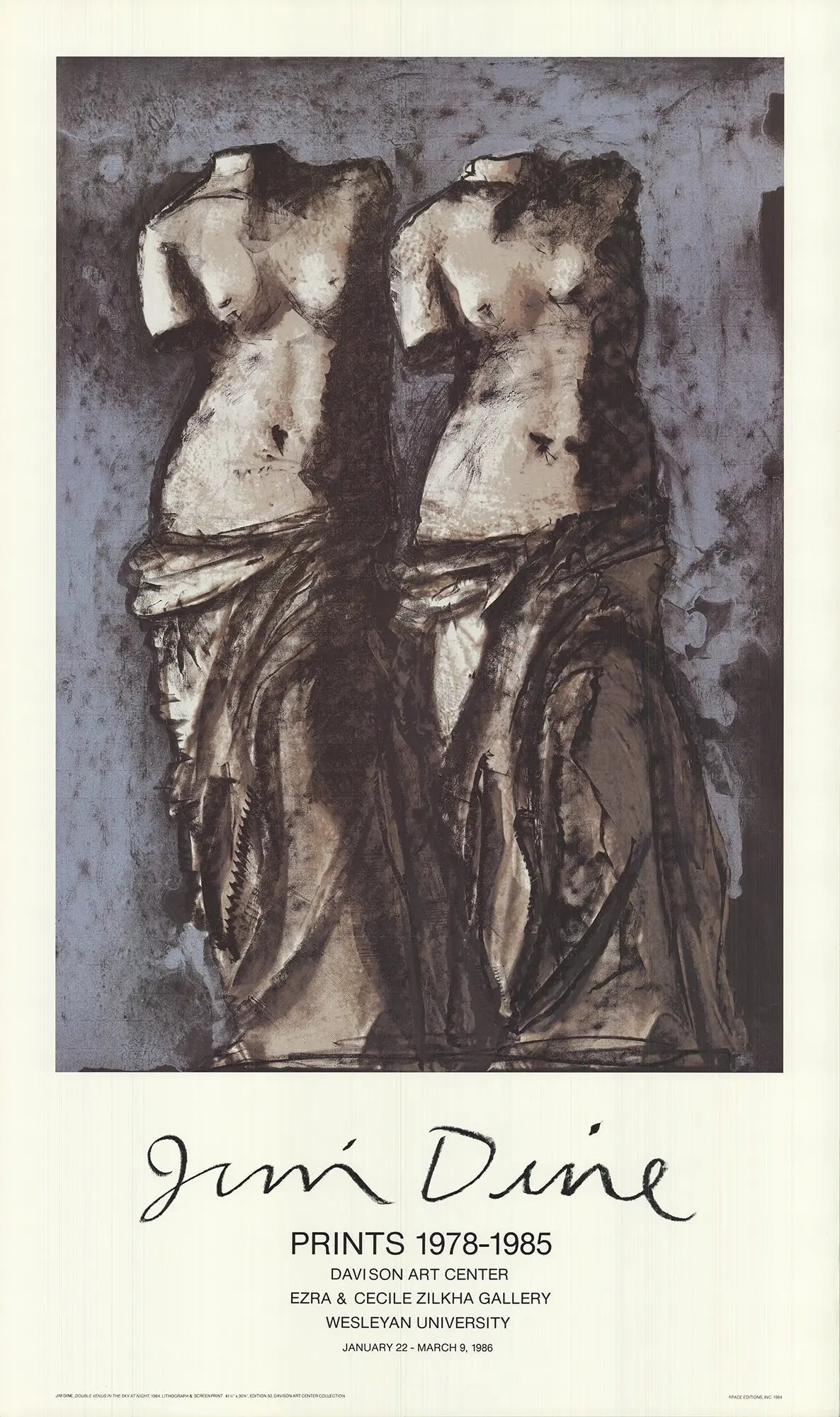 Jim Dine Venus de Milo at Memphis State 1985 exhibition poster, featuring artwork by Jim Dine in a detailed, vintage style.