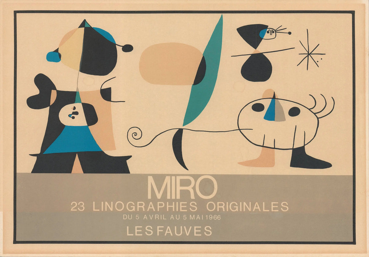 Joan Miro Les Fauves 1966 original exhibition lithograph art poster featuring abstract shapes and vibrant colors by the artist.