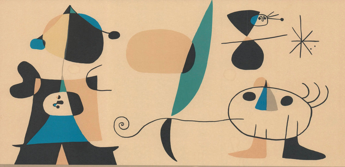 Joan Miro Les Fauves 1966 original lithograph art poster featuring vibrant abstract shapes and bold colors by the artist.