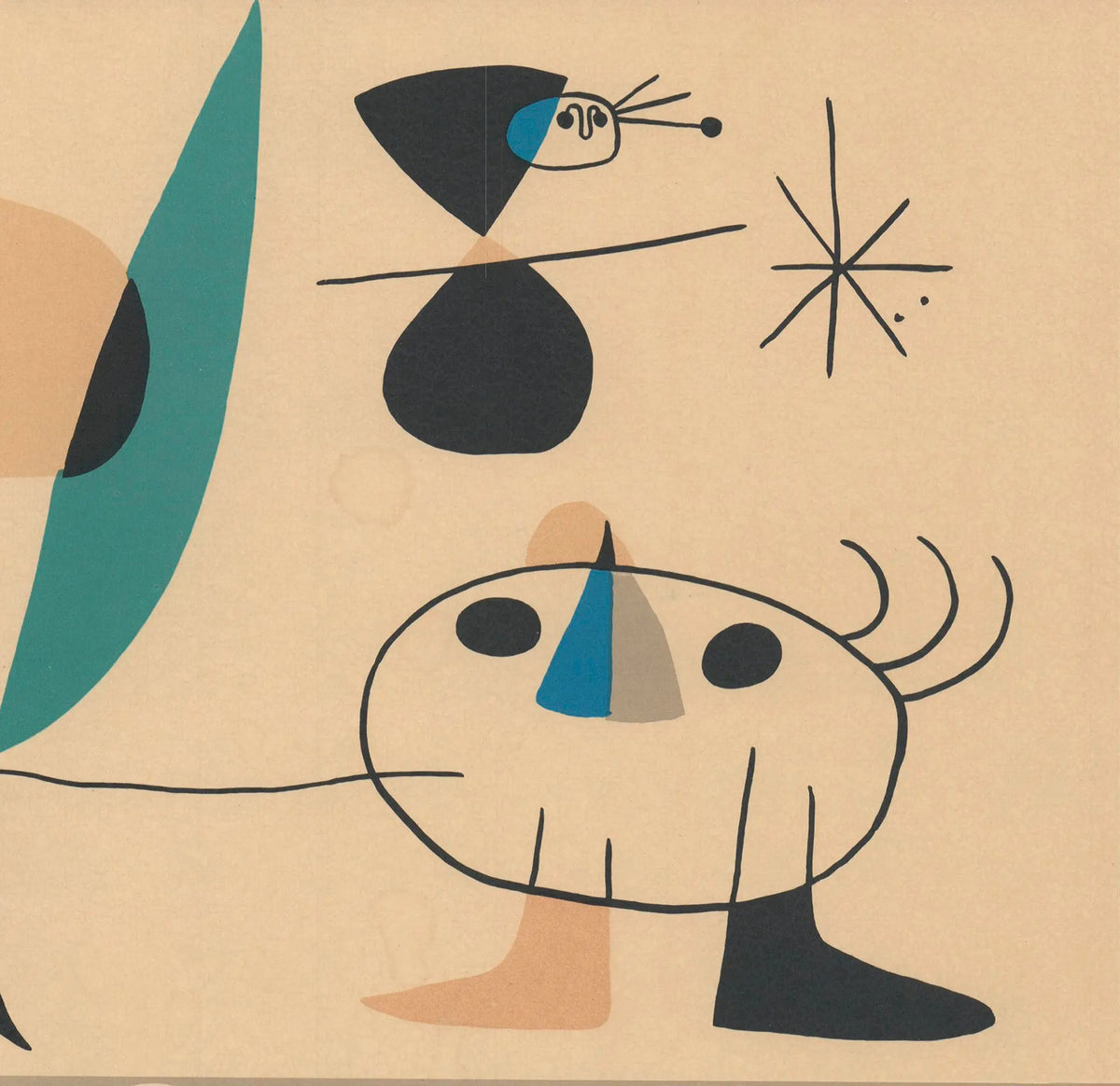 Original Joan Miro Les Fauves 1966 lithograph art poster featuring abstract shapes and vibrant colors from the exhibition.