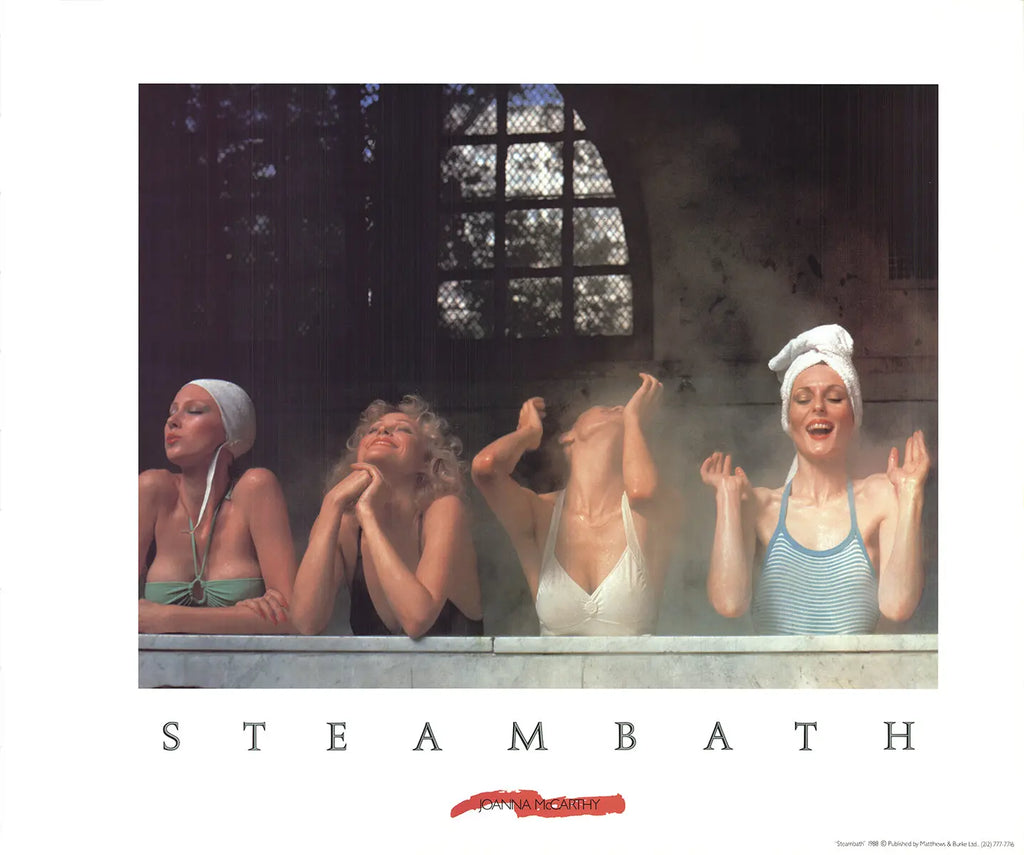 Vintage offset lithograph art poster by Joanna McCarthy featuring a steambath scene from 1988 with bold, artistic imagery.