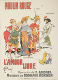 Original Joe Bridge Moulin Rouge L'Amour Libre 2004 lithograph art poster, featuring vibrant colors and vintage Parisian scene.