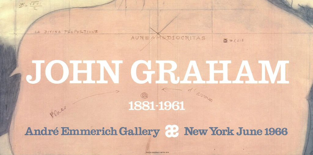 Vintage John Graham Andre Emmerich Gallery 1966 lithograph exhibition poster, featuring abstract artwork and bold graphic design.