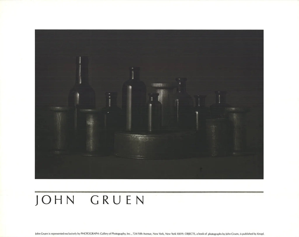 Original John Gruen Objects 1985 offset lithograph exhibition poster art showcasing abstract design and vibrant colors.
