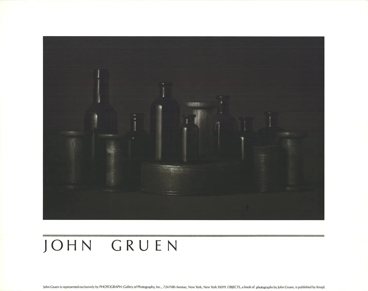 Original John Gruen Objects 1985 offset lithograph exhibition poster art showcasing abstract design and vibrant colors.
