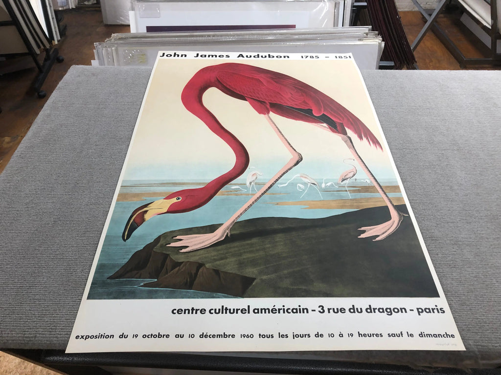 Original 1960 John James Audubon American Flamingo Mourlot lithograph poster showcasing vibrant flamingo artwork.