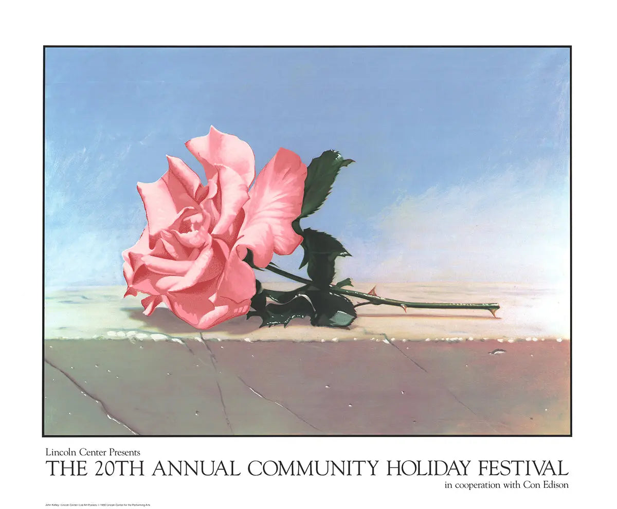 John Kelley Andalusia Rose 1990 Lincoln Center exhibition serigraph poster featuring vibrant floral artwork and detailed design.