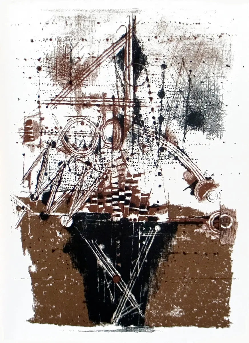 Abstract lithograph print by Johnny Friedlaender from 1973, featuring modern, expressive ink strokes and abstract design.