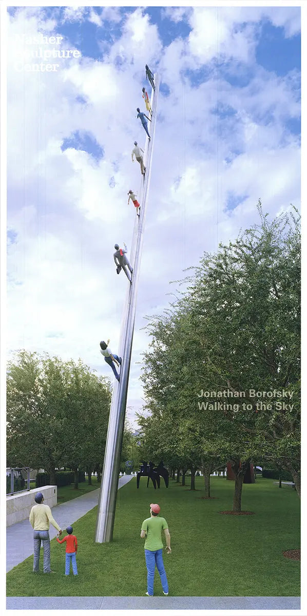 Poster of Jonathan Borofsky's Walking to the Sky sculpture from 1990, featuring the artwork at the Nasher Sculpture Center.