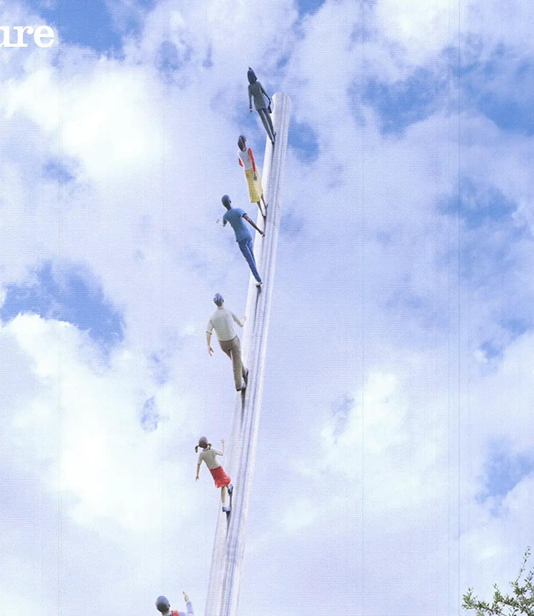 Jonathan Borofsky Walking to the Sky 1990 poster showing the artwork with a figure reaching toward the sky, displayed at Nasher Sculpture Center