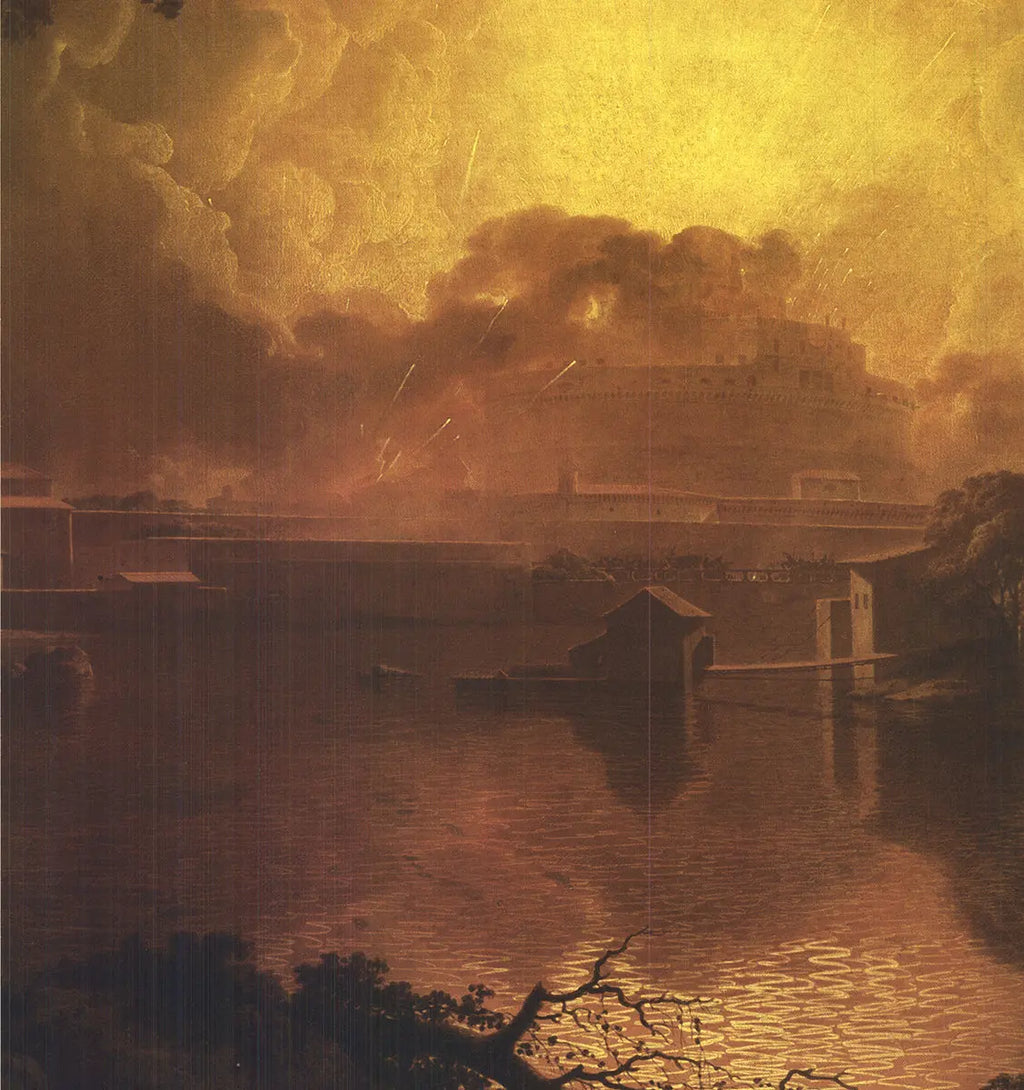 Joseph Wright firework display at Castel S. Angelo Rome exhibition poster showing vibrant fireworks over historic landmark.