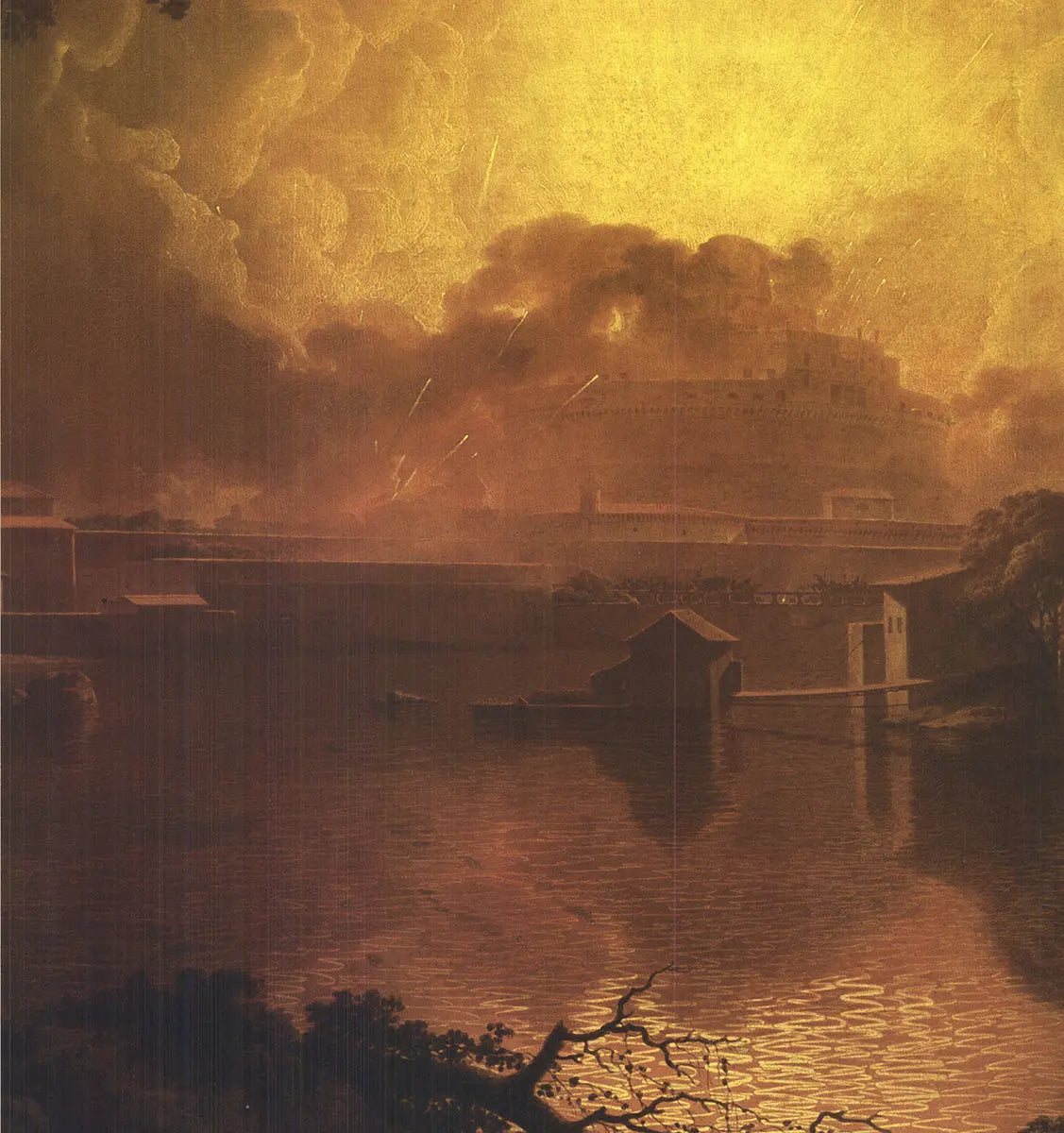 Joseph Wright firework display at Castel S. Angelo Rome exhibition poster showing vibrant fireworks over historic landmark.